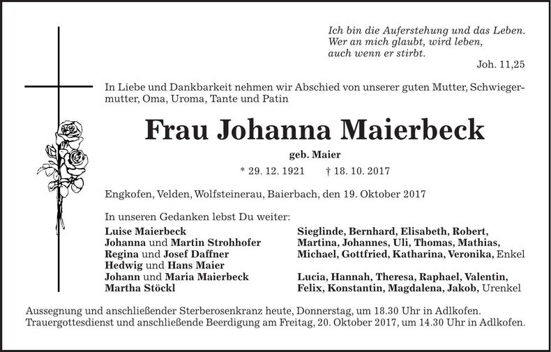 Traueranzeige Johanna Maierbeck
