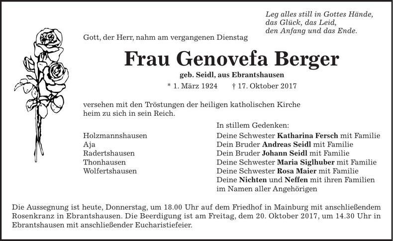 Traueranzeige Genovefa Berger