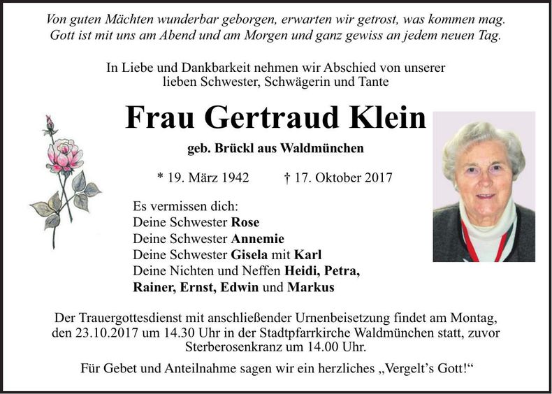 Traueranzeige Gertraud Klein