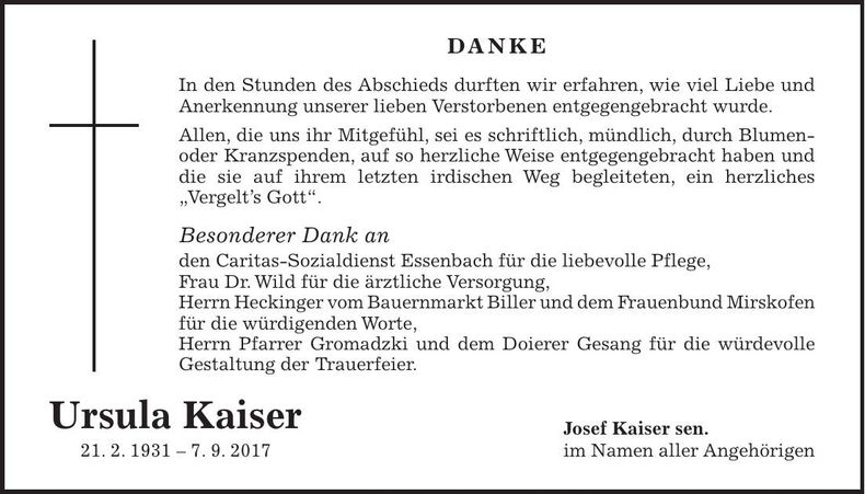 Traueranzeige Ursula Kaiser