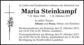 Traueranzeige Maria Steinkampf