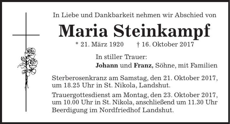 Traueranzeige Maria Steinkampf