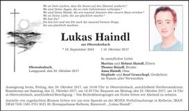 Traueranzeige Lukas Haindl