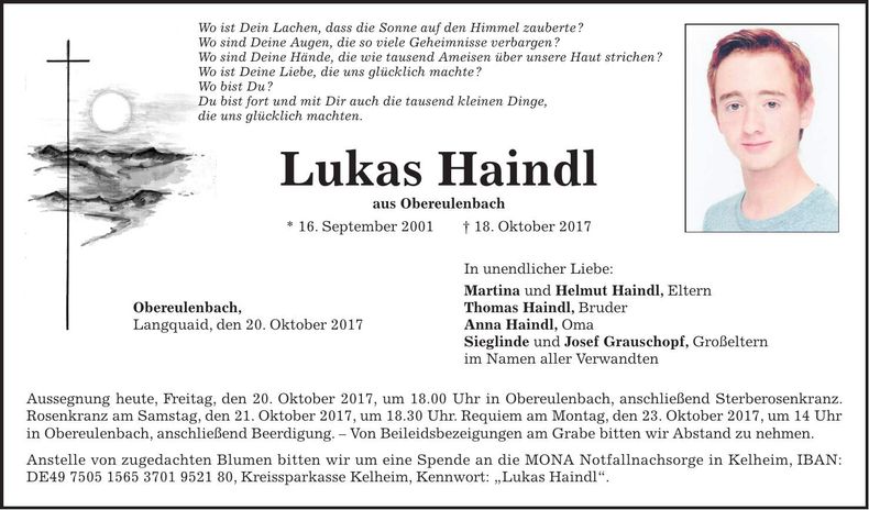Traueranzeige Lukas Haindl