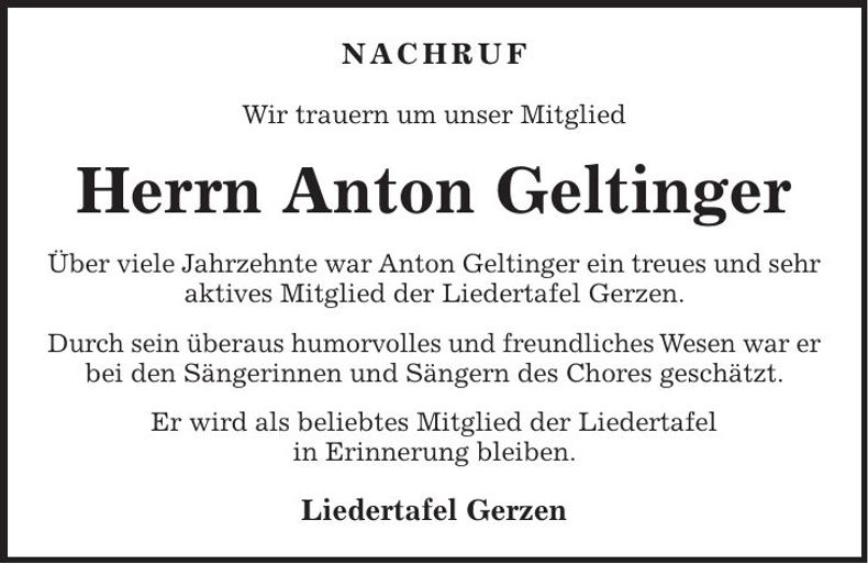 Traueranzeige Anton Geltinger