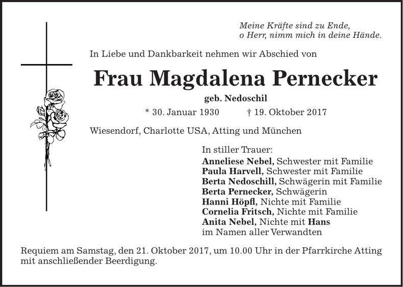 Traueranzeige Magdalena Pernecker