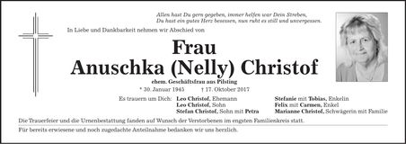 Traueranzeige Anuschka (Nelly) Christof