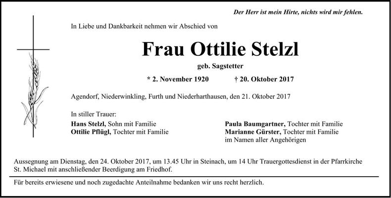 Traueranzeige Ottilie Stelzl