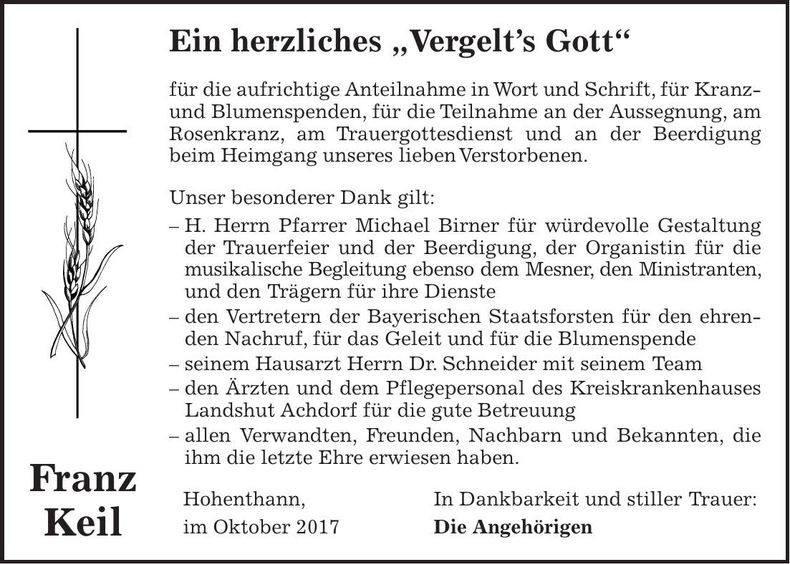 Traueranzeige Franz Keil