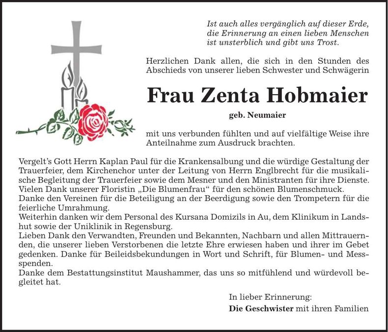 Traueranzeige Zenta Hobmaier