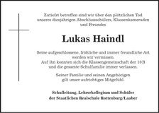Traueranzeige Lukas Haindl