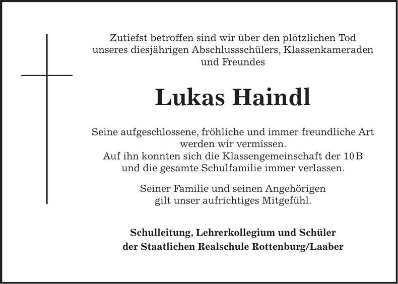 Traueranzeige Lukas Haindl