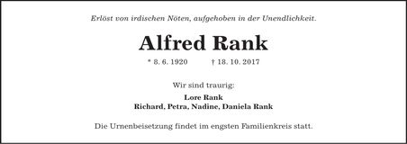 Traueranzeige Alfred Rank