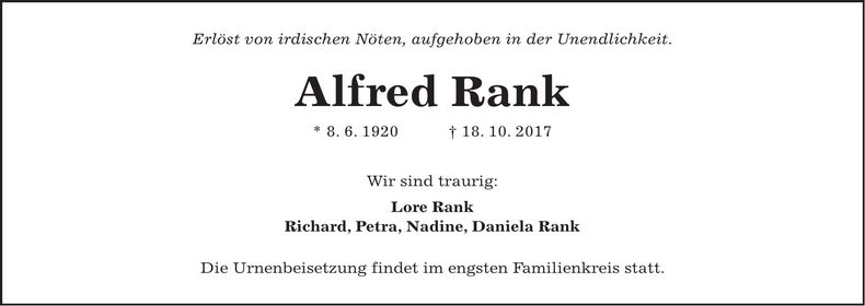 Traueranzeige Alfred Rank