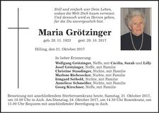 Traueranzeige Maria Grötzinger