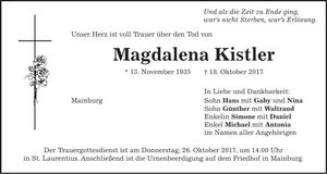 Traueranzeige Magdalena Kistler