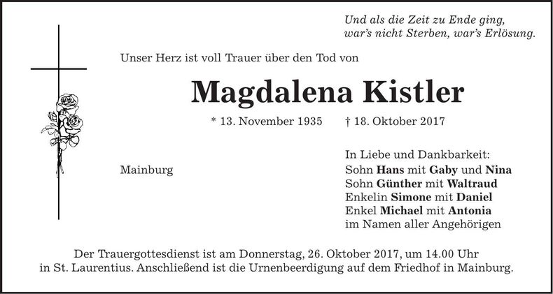 Traueranzeige Magdalena Kistler