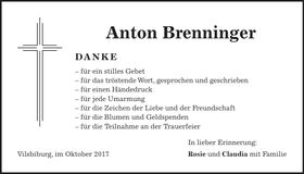 Traueranzeige Anton Brenninger