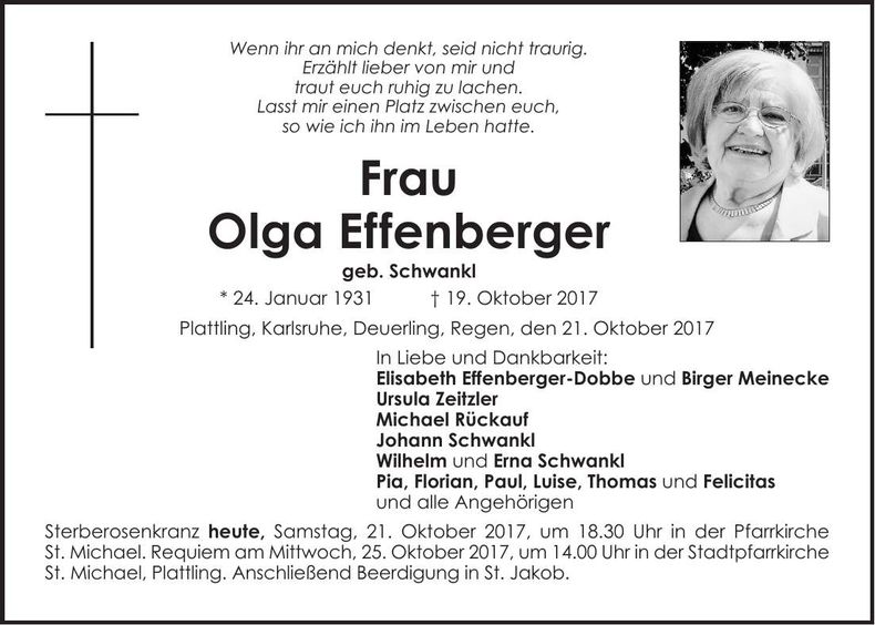 Traueranzeige Olga Effenberger