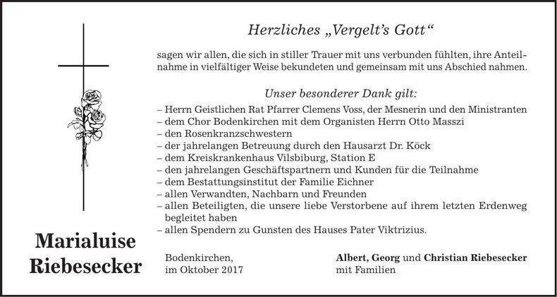 Traueranzeige Marialuise Riebesecker