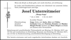 Traueranzeige Josef Unterreitmeier