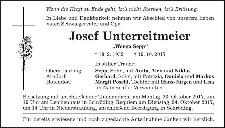Traueranzeige Josef Unterreitmeier