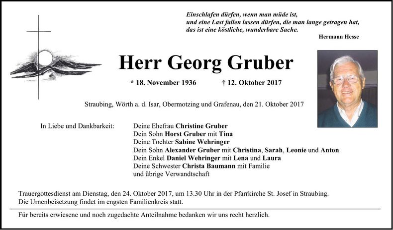 Traueranzeige Georg Gruber