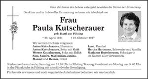 Traueranzeige Paula Kutscherauer