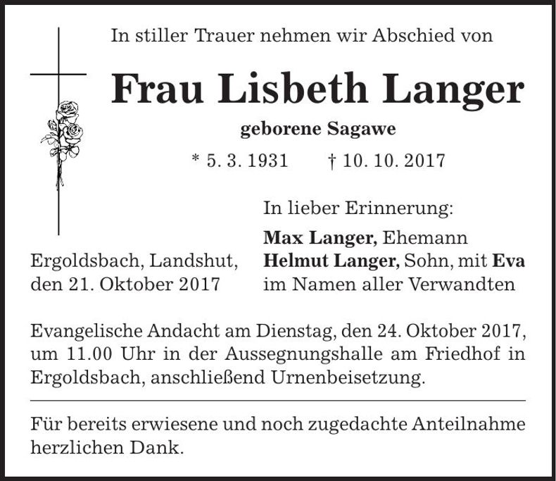 Traueranzeige Lisbeth Langer