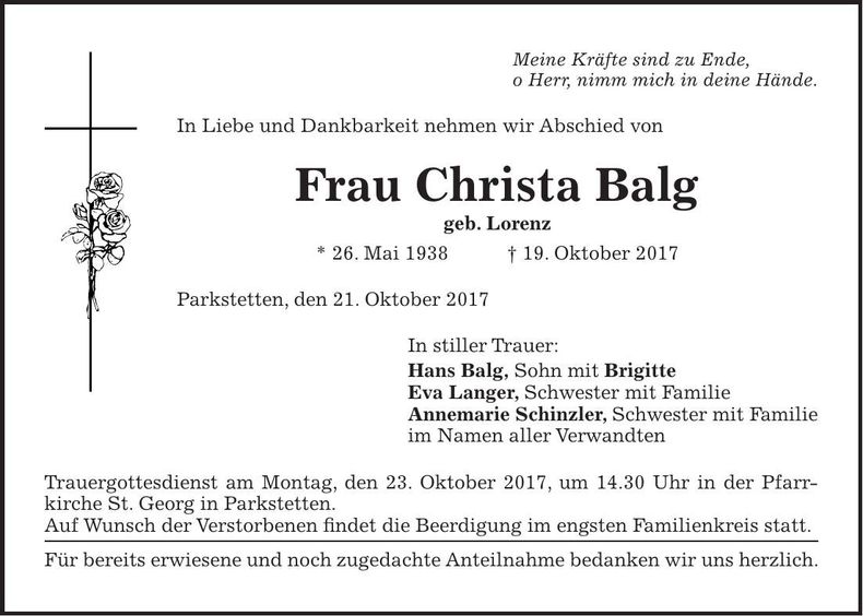 Traueranzeige Christa Balg