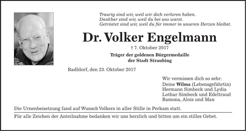 Traueranzeige Volker Dr. Engelmann