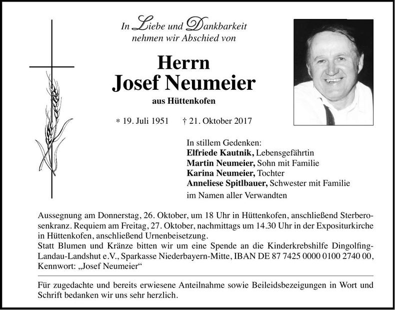Traueranzeige Josef Neumeier