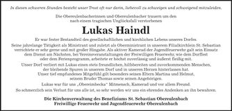 Traueranzeige Lukas Haindl