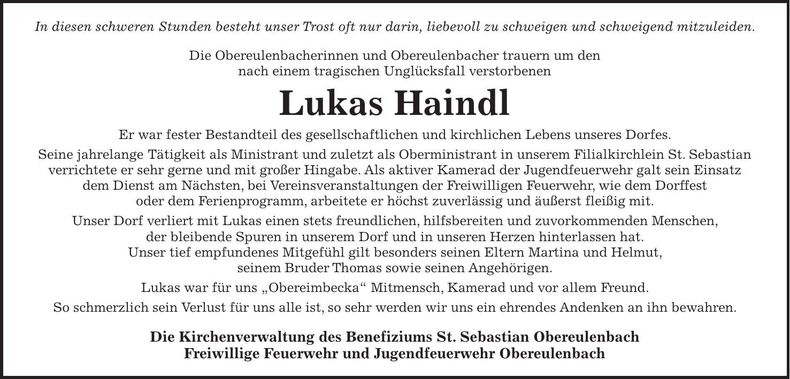Traueranzeige Lukas Haindl