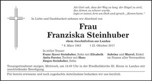 Traueranzeige Franziska Steinhuber