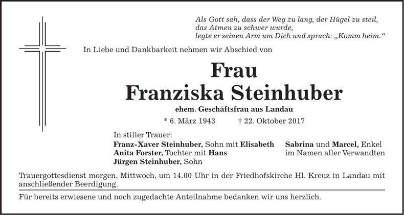 Traueranzeige Franziska Steinhuber