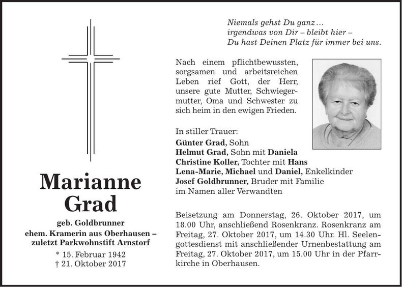 Traueranzeige Marianne Grad