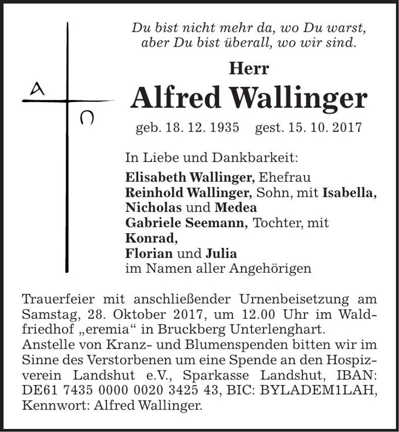Traueranzeige Alfred Wallinger