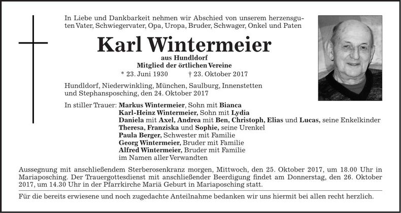 Traueranzeige Karl Wintermeier