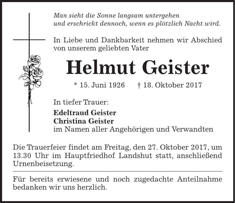 Traueranzeige Helmut Geister