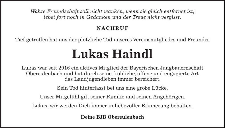 Traueranzeige Lukas Haindl