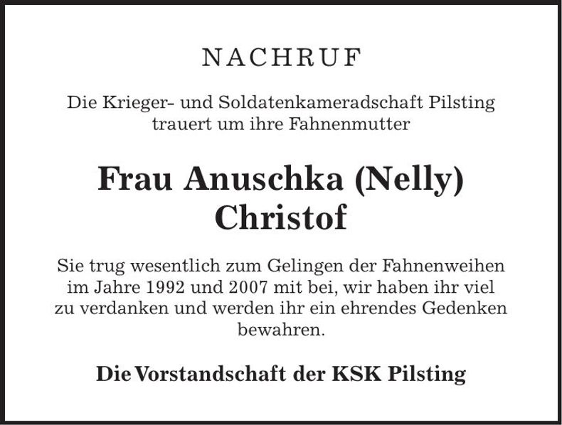 Traueranzeige Anuschka (Nelly) Christof