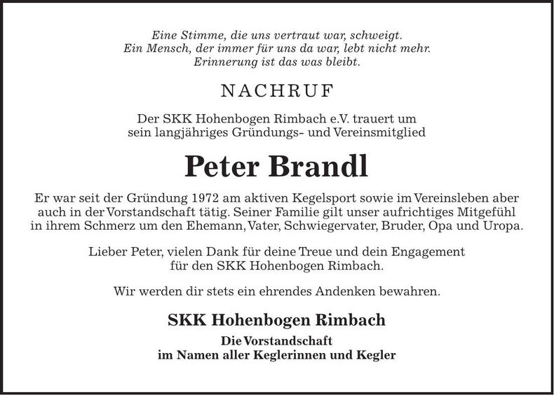 Traueranzeige Peter Brandl