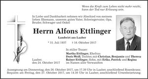 Traueranzeige Alfons Ettlinger