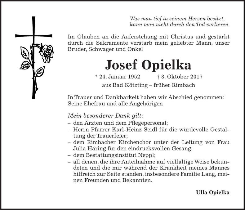 Traueranzeige Josef Opielka