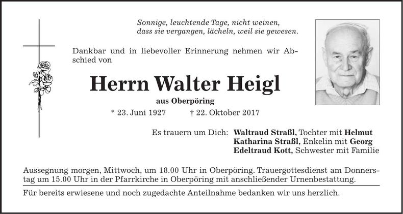 Traueranzeige Walter Heigl