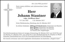 Traueranzeige Johann Stautner
