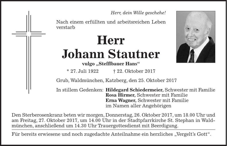 Traueranzeige Johann Stautner