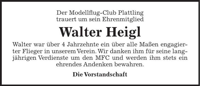Traueranzeige Walter Heigl