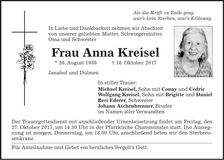 Traueranzeige Anna Kreisel